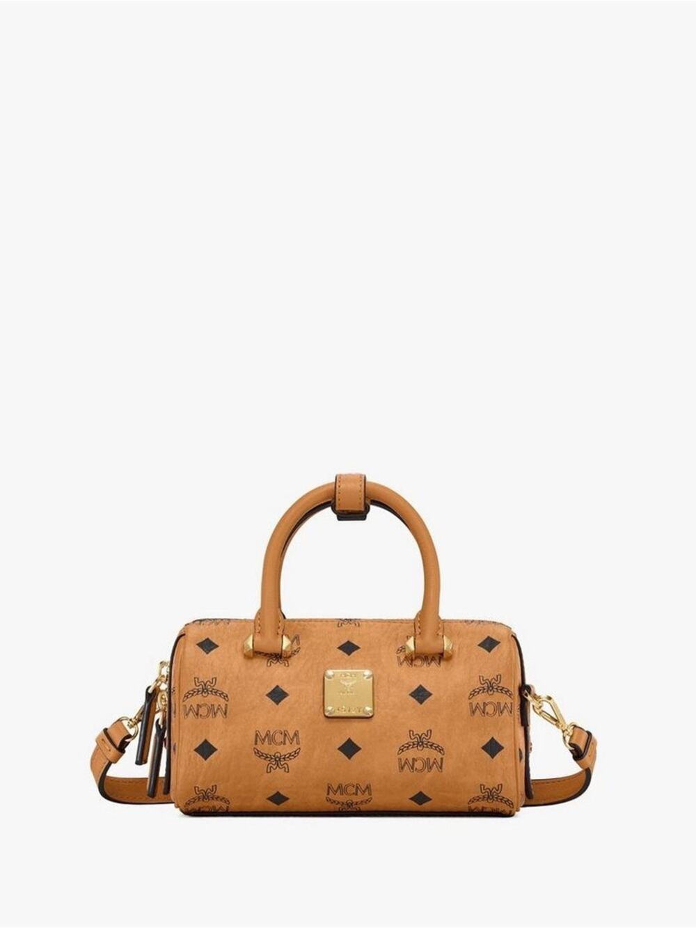 MCM Cognac Visetos Mini Boston Satchel with Gold Hardware New